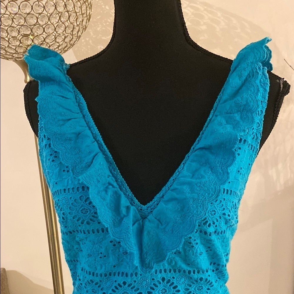 Alice+Olivia dress size 4Turquoise Blue Tiered Ruffled V-Neck Sundress - Picture 3 of 8
